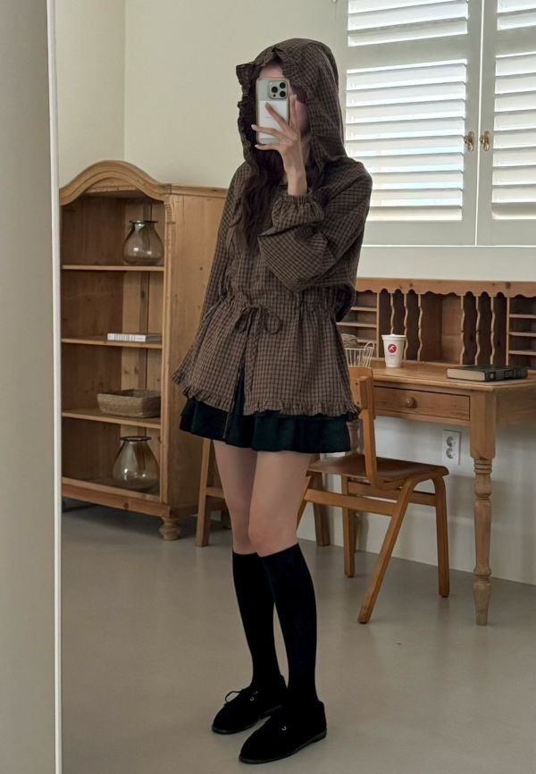 【TIZZI】鹽甜風格子連帽腰部抽繩長袖襯衫 長版上衣 格子,襯衫,罩衫,抽繩,收腰,長板,連帽襯衫