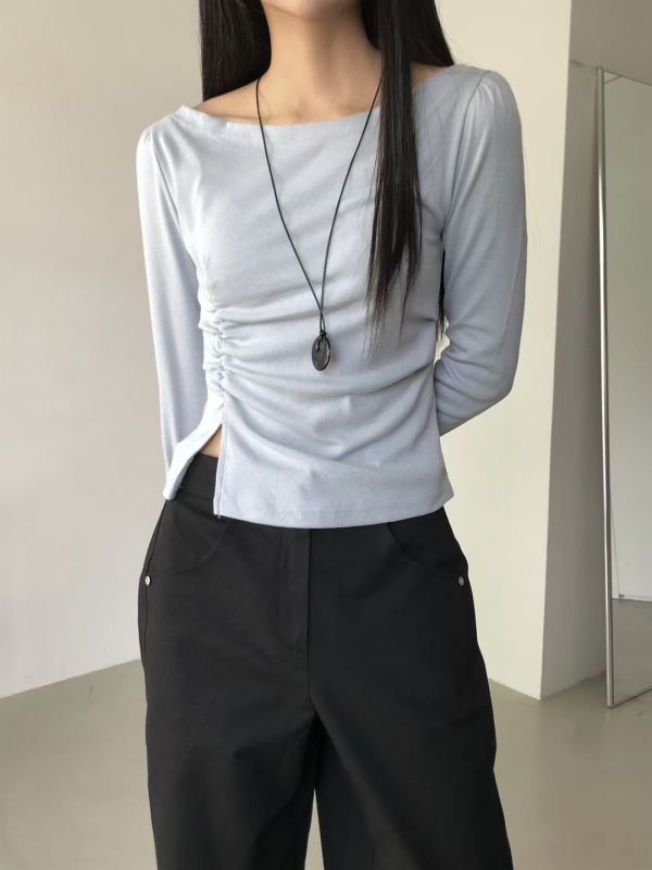 彈力開衩設計貼身長袖上衣 修身側皺長袖T 長袖,修身,開岔,褶皺,薄款
