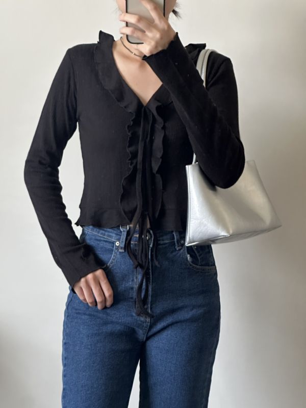 輕薄透氣木耳邊綁帶長袖罩衫 長袖上衣 木耳邊,薄長袖,上衣,女裝,正韓,蝴蝶結