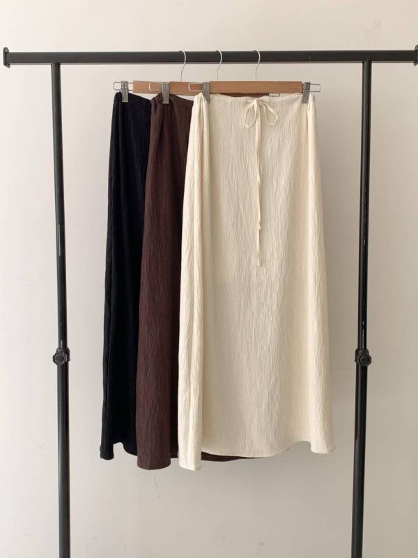 抽繩綁帶褶皺質感A字長裙 長裙,半裙,鬆緊腰,A字裙,抽繩,褶皺