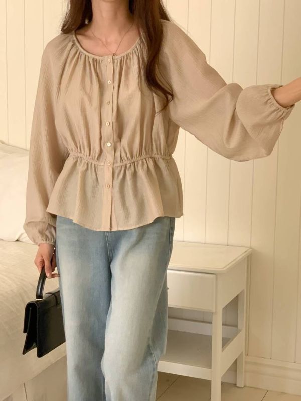 甜美圓領縮腰顯瘦薄透感長袖上衣 輕薄,長袖,縮腰,圓領,寬領,甜美