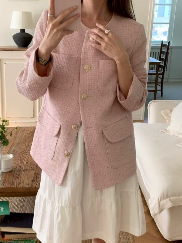 金釦設計感粗花呢外套 名媛風小香外套 中長板外套 小香風,西裝,外套,花呢,名媛,中長板