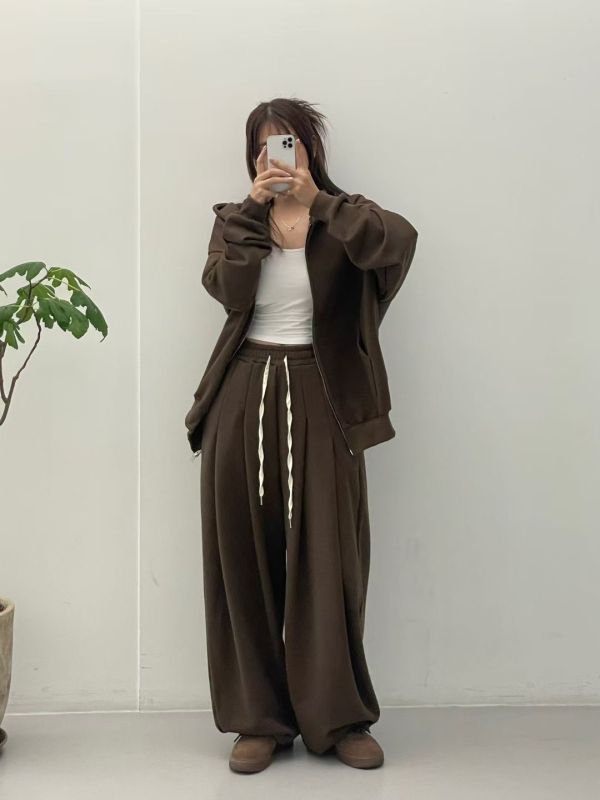 OVERSIZE 男女共穿A字打摺棉褲 純棉雙向拉鍊連帽外套 休閒套裝 unisex 套裝,oversize,寬板,外套,棉褲,休閒