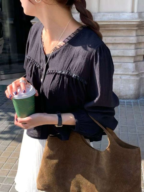 薄款長袖蕾絲荷葉邊襯衫上衣 