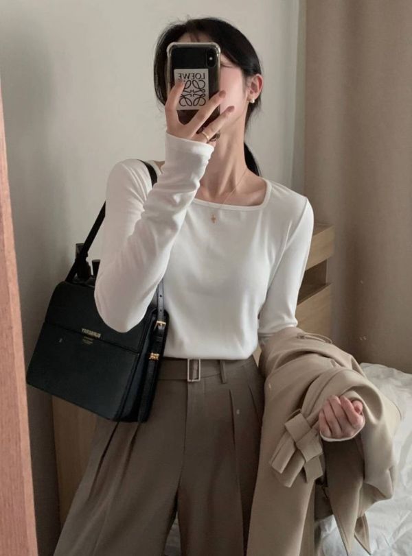 純棉百搭方領長袖上衣 素色打底衣 