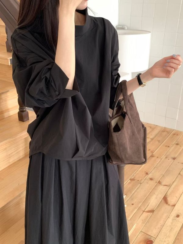 日系質感立領簡約襯衫 長袖襯衫 立領,襯衫,長袖,尼龍,風衣,上衣,女裝