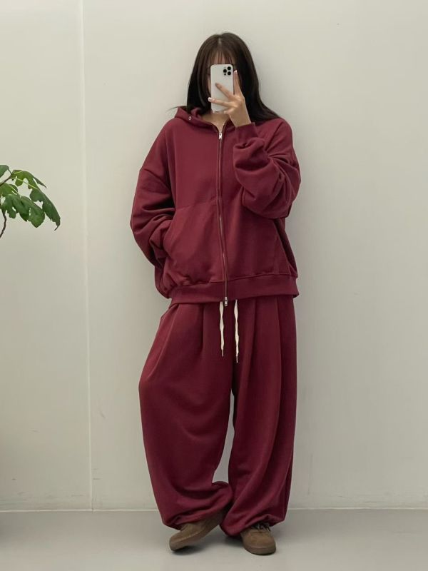 OVERSIZE 男女共穿A字打摺棉褲 純棉雙向拉鍊連帽外套 休閒套裝 unisex 套裝,oversize,寬板,外套,棉褲,休閒