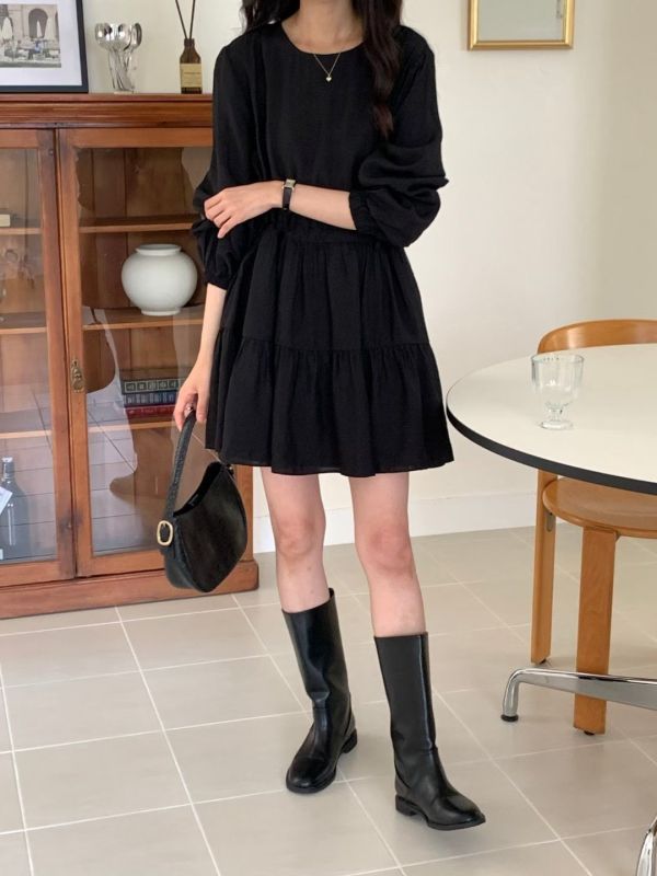 （現貨+預購）氣質甜美腰部抽繩 長袖短洋裝 洋裝,連衣裙,長袖,短版,短洋