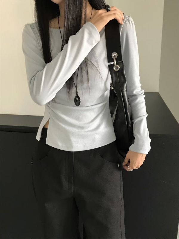 彈力開衩設計貼身長袖上衣 修身側皺長袖T 長袖,修身,開岔,褶皺,薄款