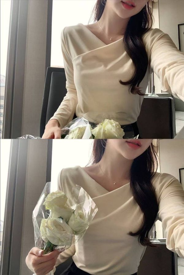 法式v領嫩q彈力長袖上衣 柔感貼身交叉設計長袖上衣  優雅風
交叉領口