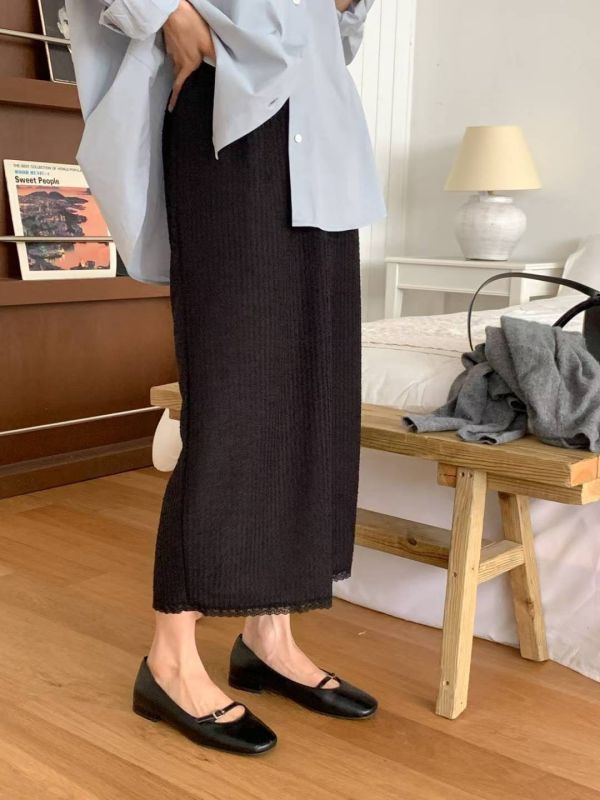 氣質紋理感蕾絲下擺長裙 鬆緊裙子 長裙,半裙,蕾絲,鬆緊