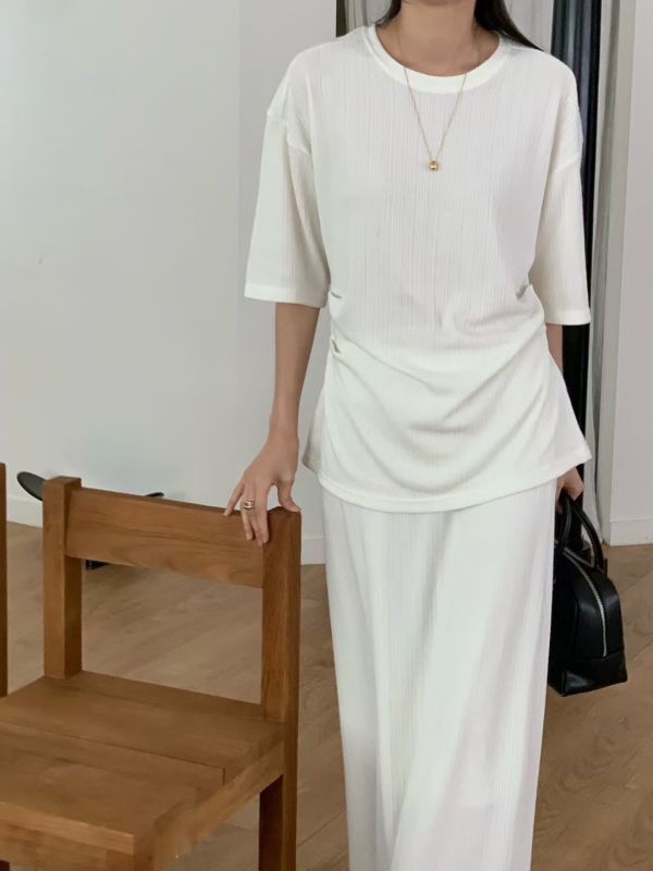日常柔紋皺摺短袖+鬆緊長裙套裝 