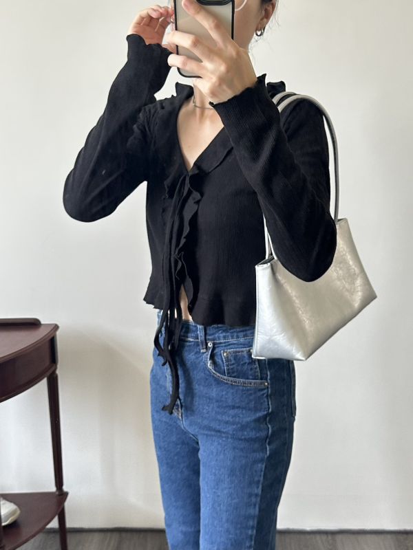 輕薄透氣木耳邊綁帶長袖罩衫 長袖上衣 木耳邊,薄長袖,上衣,女裝,正韓,蝴蝶結