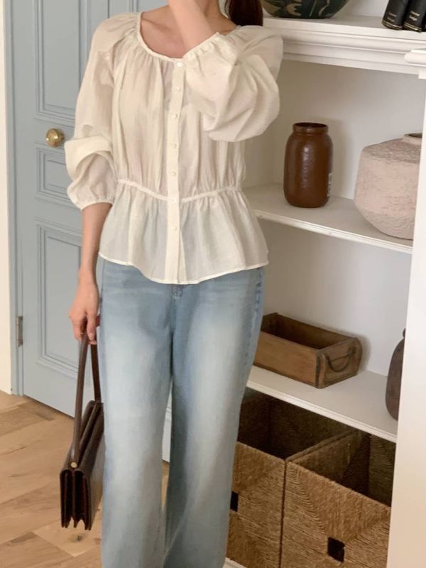 甜美圓領縮腰顯瘦薄透感長袖上衣 輕薄,長袖,縮腰,圓領,寬領,甜美