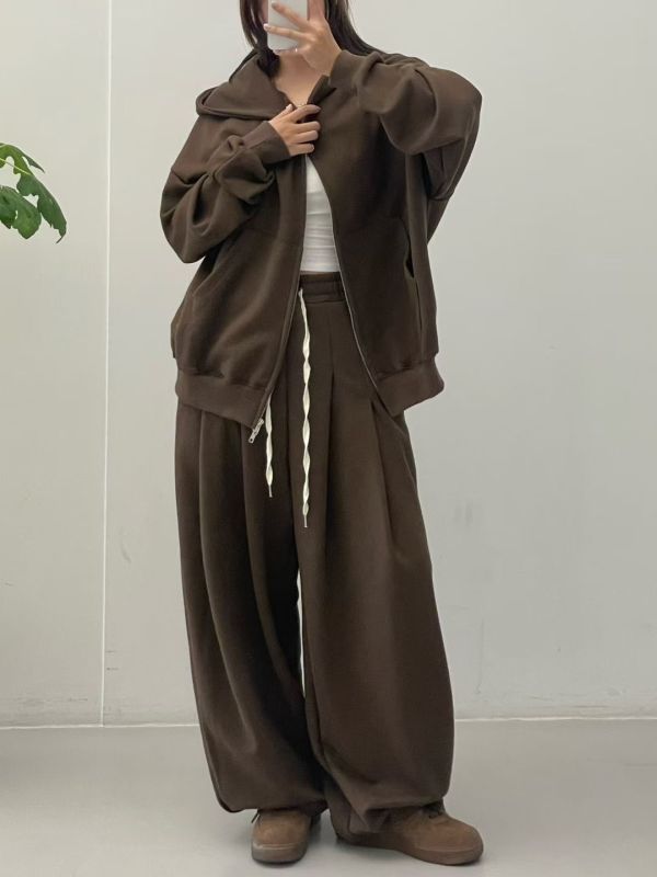 OVERSIZE 男女共穿A字打摺棉褲 純棉雙向拉鍊連帽外套 休閒套裝 unisex 套裝,oversize,寬板,外套,棉褲,休閒