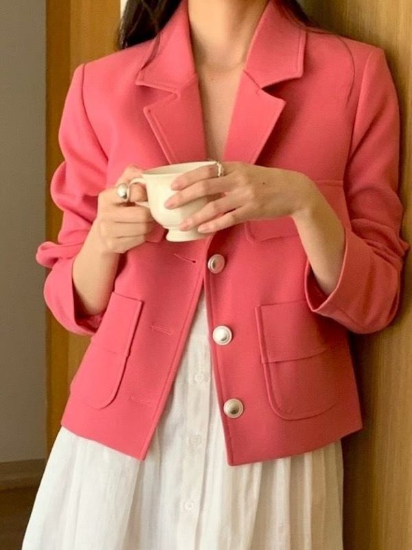 氣質挺版翻領西裝外套  奶油色系西裝短版外套 商務外套 小香風,西裝,外套,多色,西外