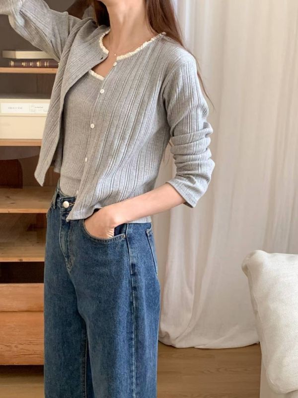 質感坑條短版開釦＋背心針織兩件套 小可愛,兩件式,罩衫,外套,細肩帶