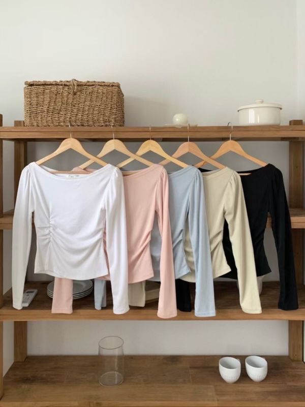 彈力開衩設計貼身長袖上衣 修身側皺長袖T 長袖,修身,開岔,褶皺,薄款