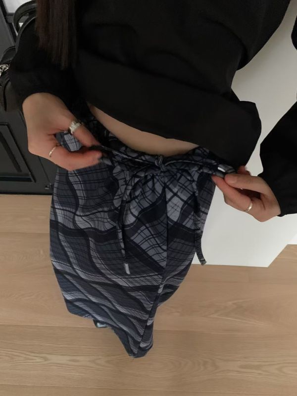 暮色格紋長裙 文藝感抽繩裙子 復古長裙 長裙,格子,格紋,半裙,A字裙,抽繩,復古