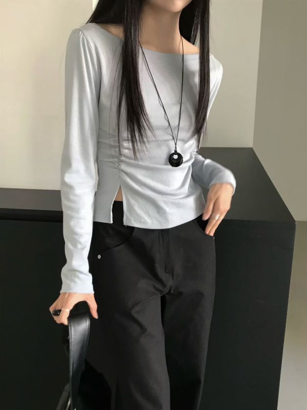 彈力開衩設計貼身長袖上衣 修身側皺長袖T 長袖,修身,開岔,褶皺,薄款