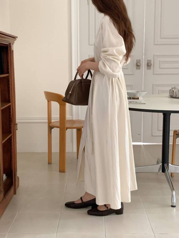 秋日溫柔綁腰設計感長洋裝 排釦長袖洋裝 洋裝,長板,排釦,長袖,圓領