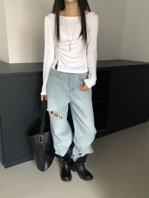 彈力開衩設計貼身長袖上衣 修身側皺長袖T 長袖,修身,開岔,褶皺,薄款