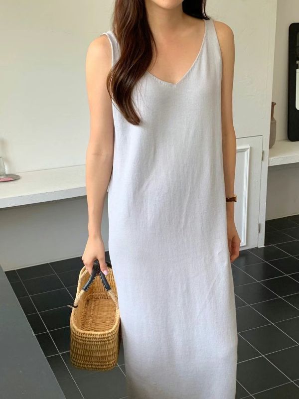 韓系清新V領背心長洋 長洋裝,長板,無袖,氣質