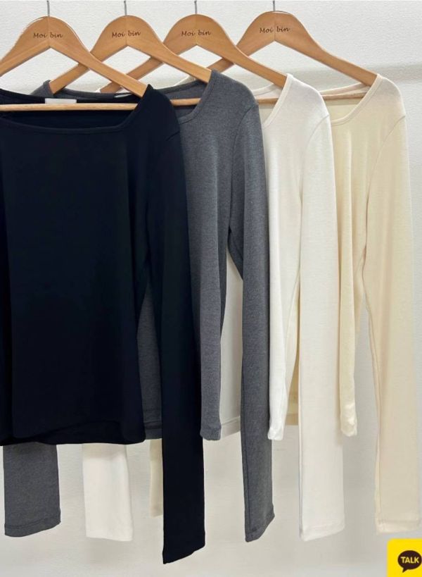 純棉百搭方領長袖上衣 素色打底衣 