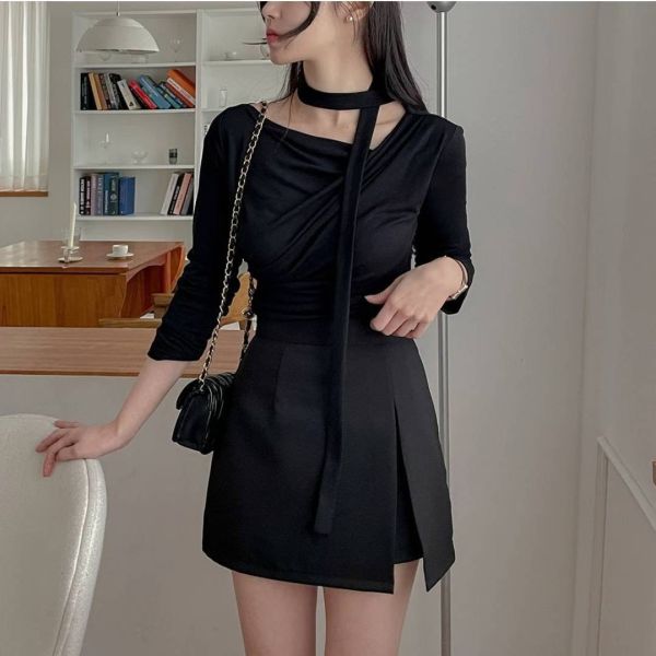 奶油色系 微性感 抓皺長袖上衣+繞脖繩 性感繞脖上衣 法式感上衣 褶皺長袖上衣  V領上衣