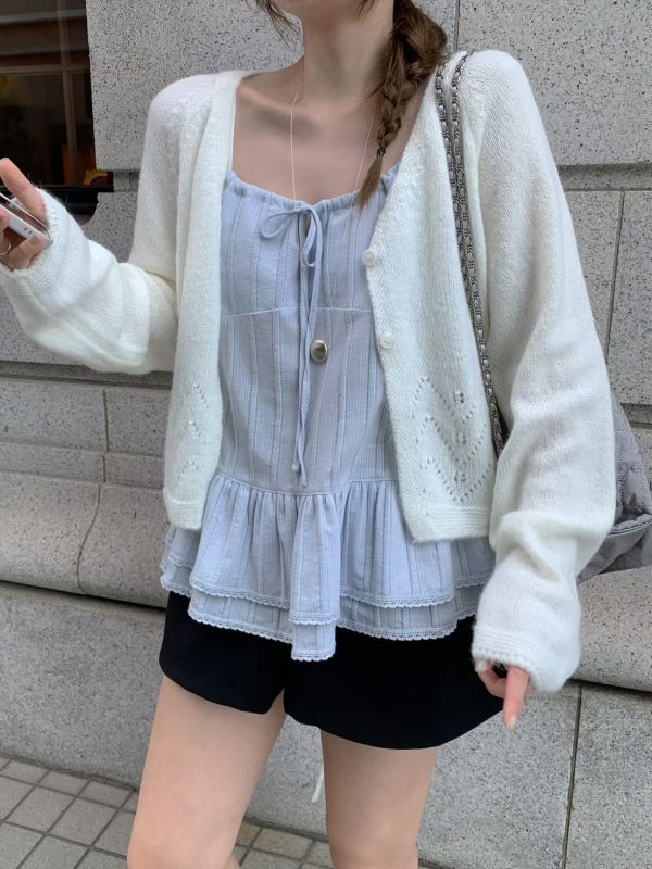 荷葉邊蝴蝶結條紋雙層裙 層次上衣 吊帶背心 東大門 吊帶 背心 可調節背心 層次感穿搭