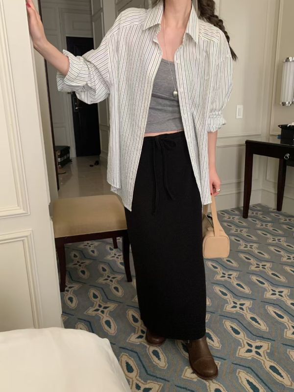 高腰垂墜感長裙 抽繩棉長裙 百搭長裙 