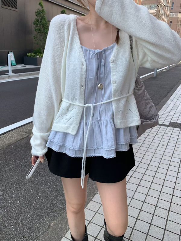 荷葉邊蝴蝶結條紋雙層裙 層次上衣 吊帶背心 東大門 吊帶 背心 可調節背心 層次感穿搭