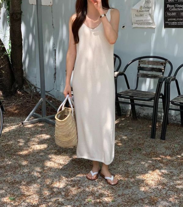 韓系清新V領背心長洋 長洋裝,長板,無袖,氣質