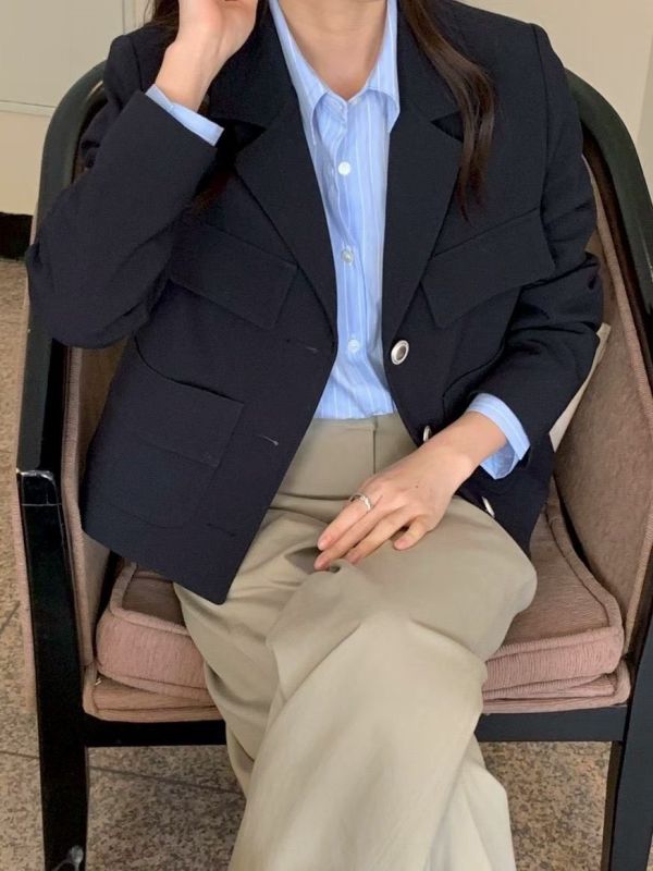 氣質挺版翻領西裝外套  奶油色系西裝短版外套 商務外套 小香風,西裝,外套,多色,西外