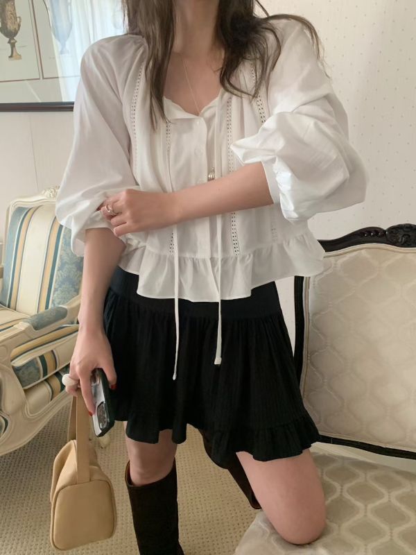 （現貨+預購）質感綁帶荷葉邊短版薄襯衫 罩衫 荷葉邊,襯衫,綁帶,罩衫,薄款