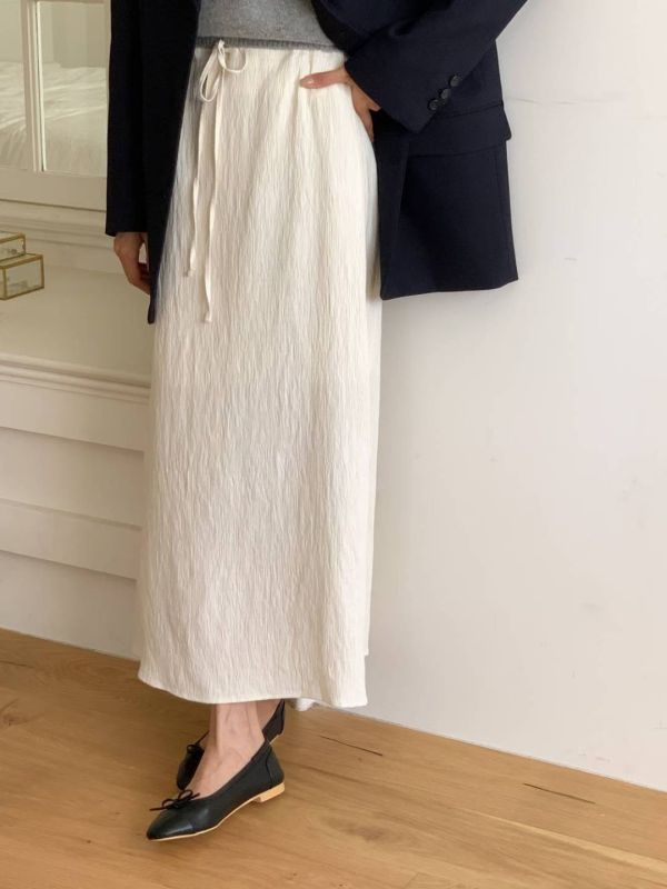 抽繩綁帶褶皺質感A字長裙 長裙,半裙,鬆緊腰,A字裙,抽繩,褶皺