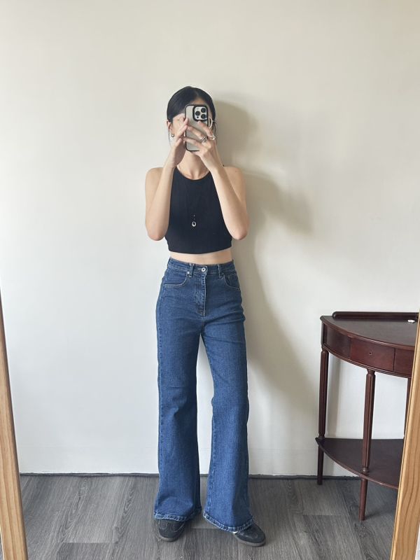 復古百搭微喇叭修身微彈性牛仔長褲 