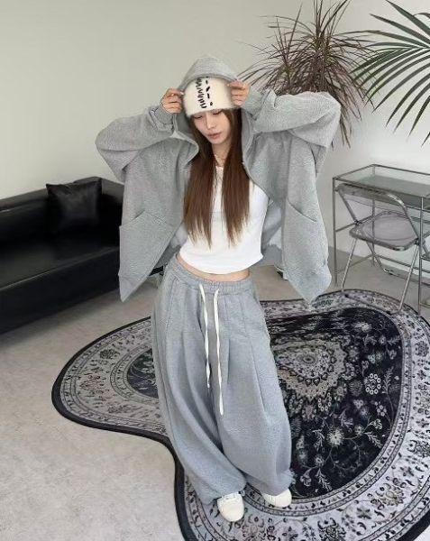 OVERSIZE 男女共穿A字打摺棉褲 純棉雙向拉鍊連帽外套 休閒套裝 unisex 套裝,oversize,寬板,外套,棉褲,休閒