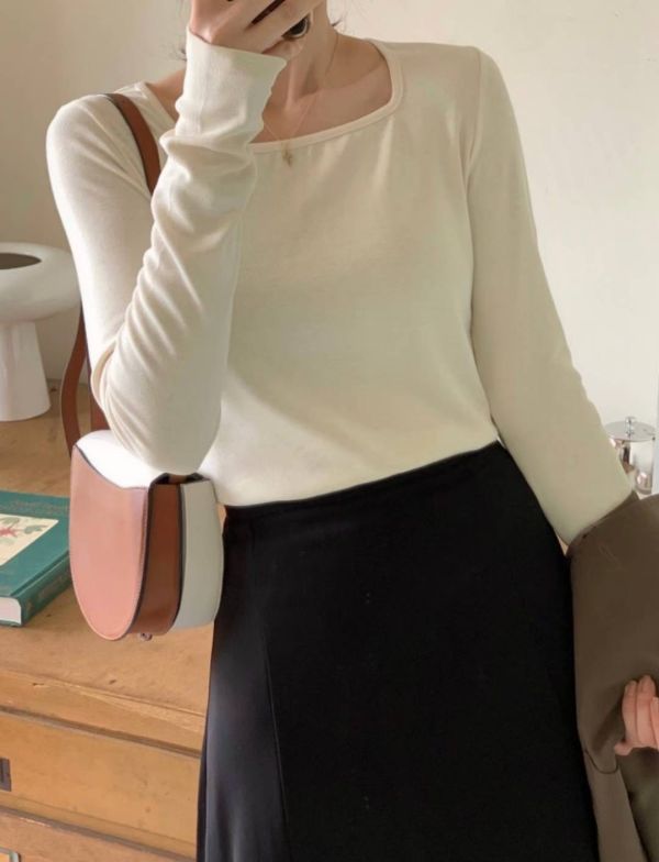 純棉百搭方領長袖上衣 素色打底衣 