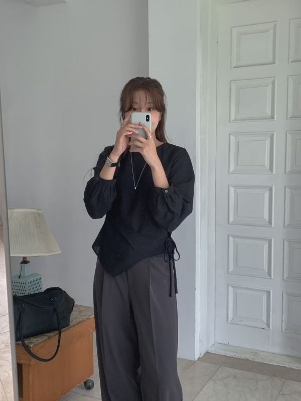 設計感系帶襯衫 前簾圓領襯衫上衣 