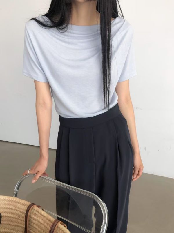 法式慵懶彈力領口垂墜感素T 短袖,上衣,日常穿搭,OL,親膚