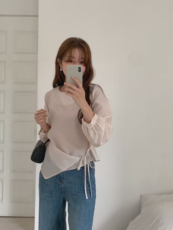 設計感系帶襯衫 前簾圓領襯衫上衣 