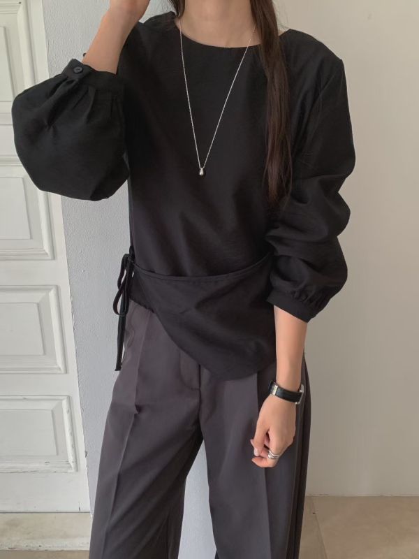 設計感系帶襯衫 前簾圓領襯衫上衣 