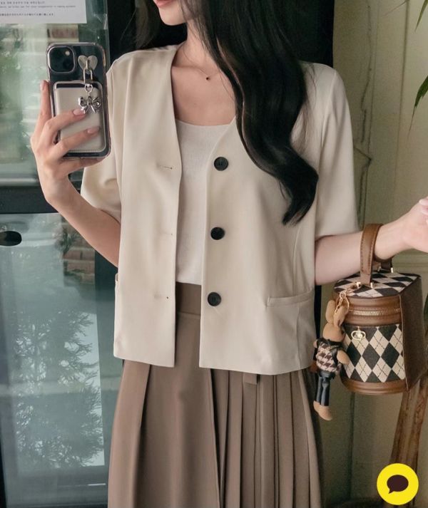 (現貨+預購) 溫柔風氣質無領設計西裝短袖外套 西裝外套,短袖,短版,西裝,外套
