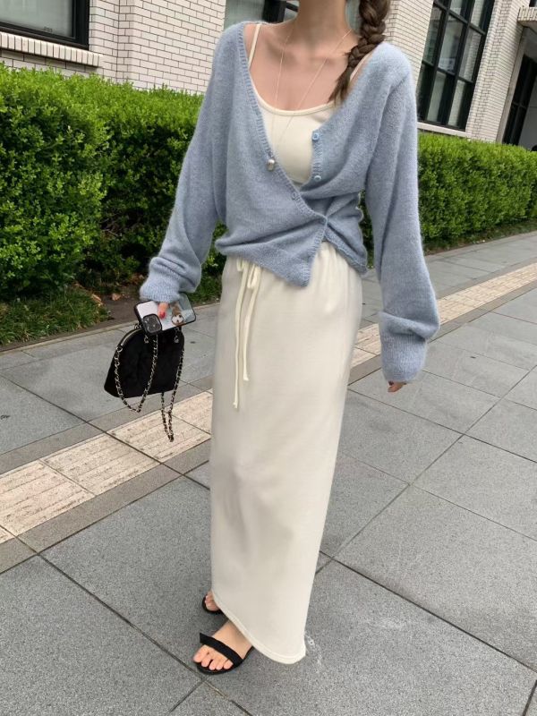 高腰垂墜感長裙 抽繩棉長裙 百搭長裙 