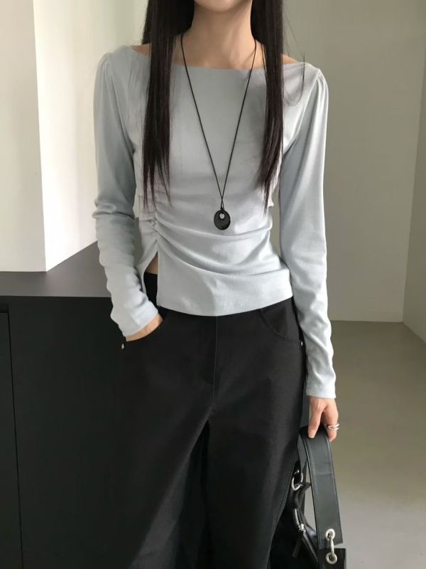 彈力開衩設計貼身長袖上衣 修身側皺長袖T 長袖,修身,開岔,褶皺,薄款