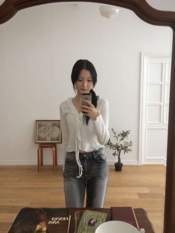 輕薄透氣木耳邊綁帶長袖罩衫 長袖上衣 木耳邊,薄長袖,上衣,女裝,正韓,蝴蝶結