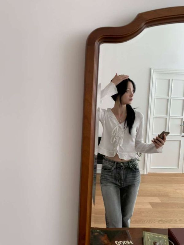 輕薄透氣木耳邊綁帶長袖罩衫 長袖上衣 木耳邊,薄長袖,上衣,女裝,正韓,蝴蝶結