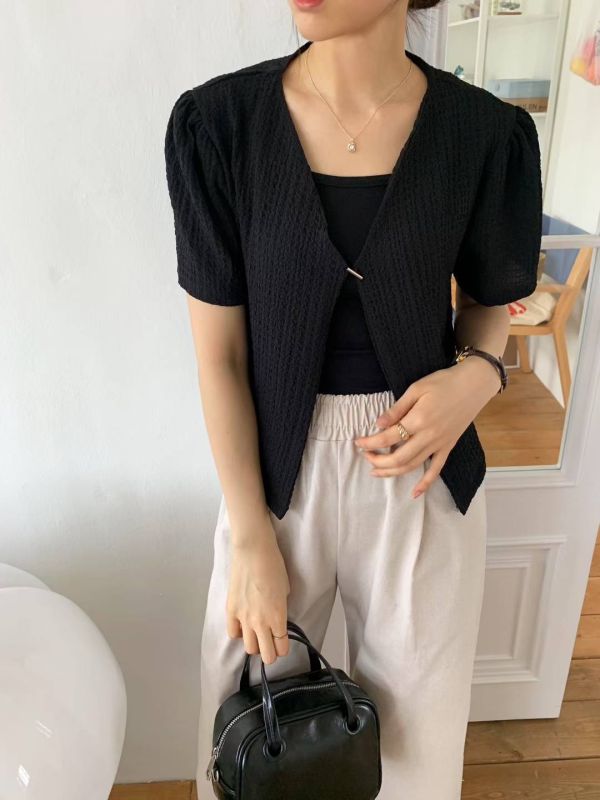 （現貨+預購）質感單扣短袖罩衫 短袖襯衫 洋裝外套 罩衫,短袖,單釦,襯衫,女裝,上衣,外套