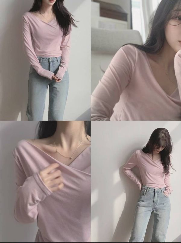 法式v領嫩q彈力長袖上衣 柔感貼身交叉設計長袖上衣  優雅風
交叉領口